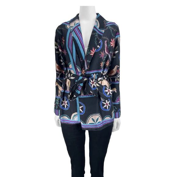 NWOT Patbo Black Retro Horse Print Collared Button Tie Waist Blouse L - Picture 1 of 5